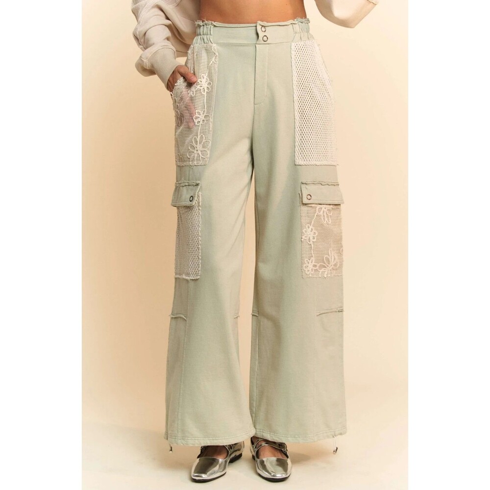 Davi and Dani Size 3XL Sage Green Wide Leg Patchwork Pants Crochet 100% Cotton